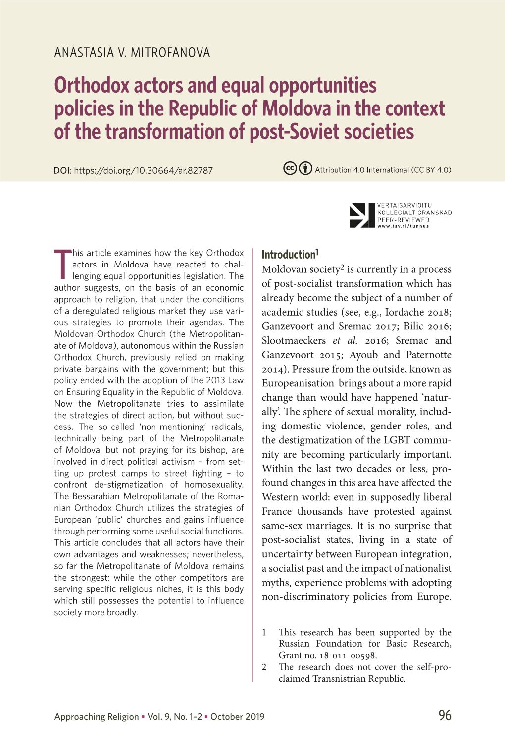 Orthodox Actors and Equal Opportunities Policies in the Republic of Moldova in the Context of the Transformation of Post-Soviet Societies