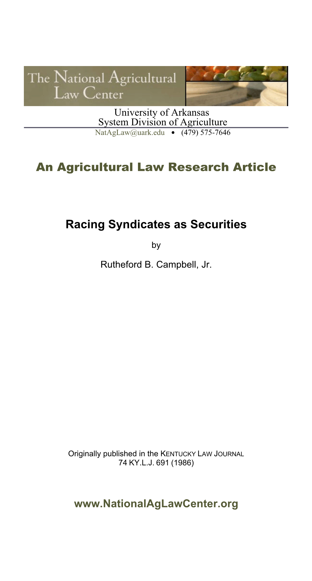 An Agricultural Law Research Article Racing Syndicates As Securities