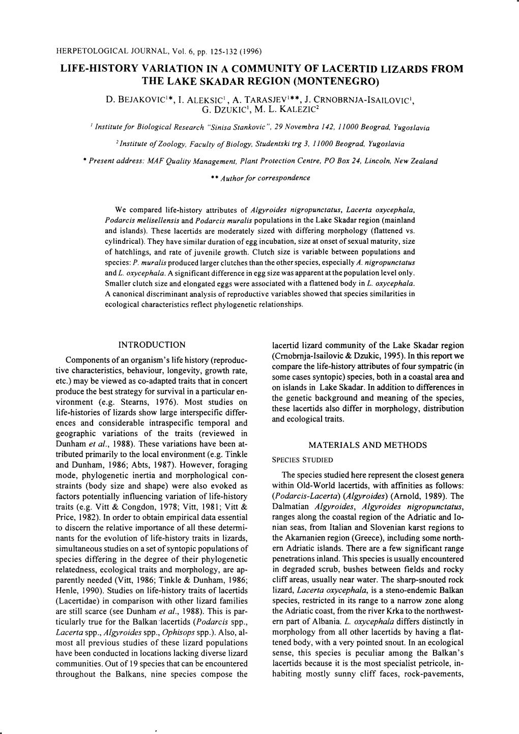 Life-History Variation in a Community of Lacertid Lizards from the Lake Skadar Region (Montenegro) D