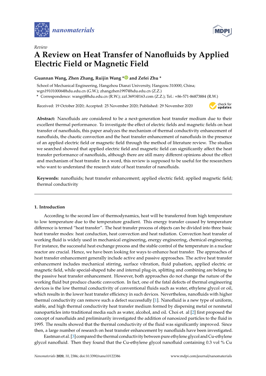 A Review on Heat Transfer of Nanofluids by Applied Electric Field