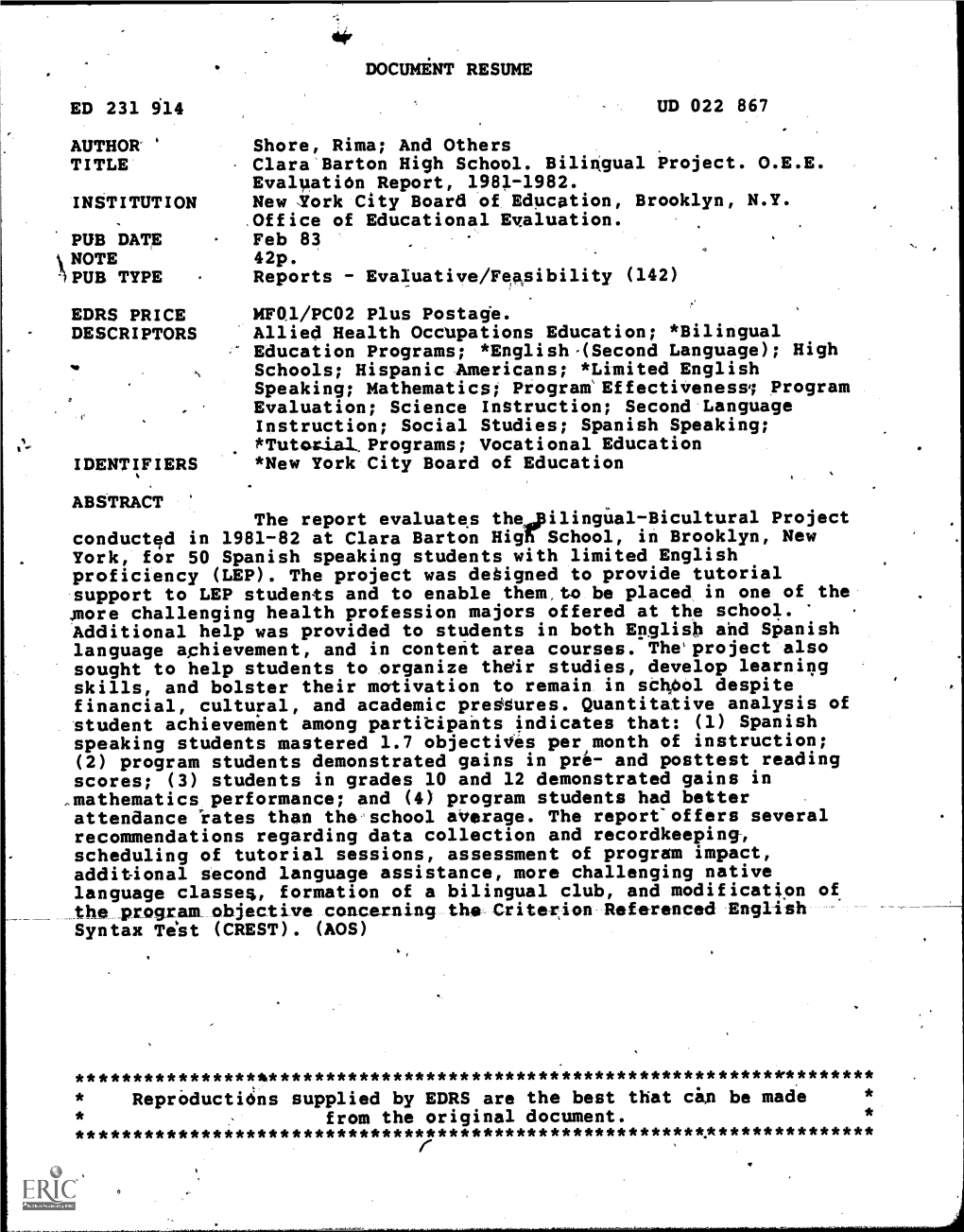 Clara Barton High School. Bilingual Project. OEE Evaluation Report, 1981-1982