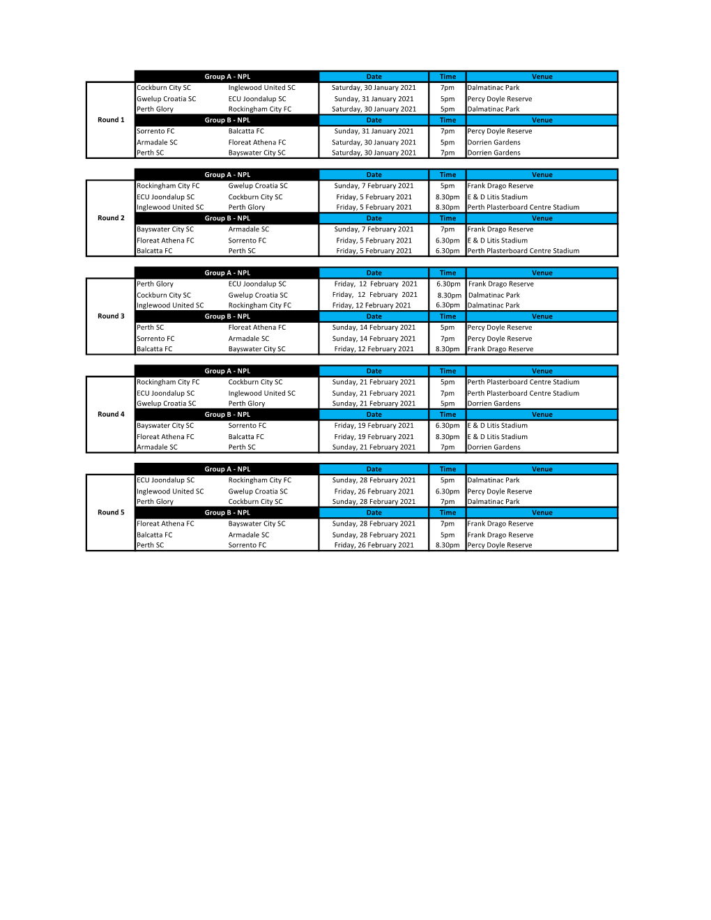 Date Time Venue Cockburn City SC Inglewood United SC Saturday, 30