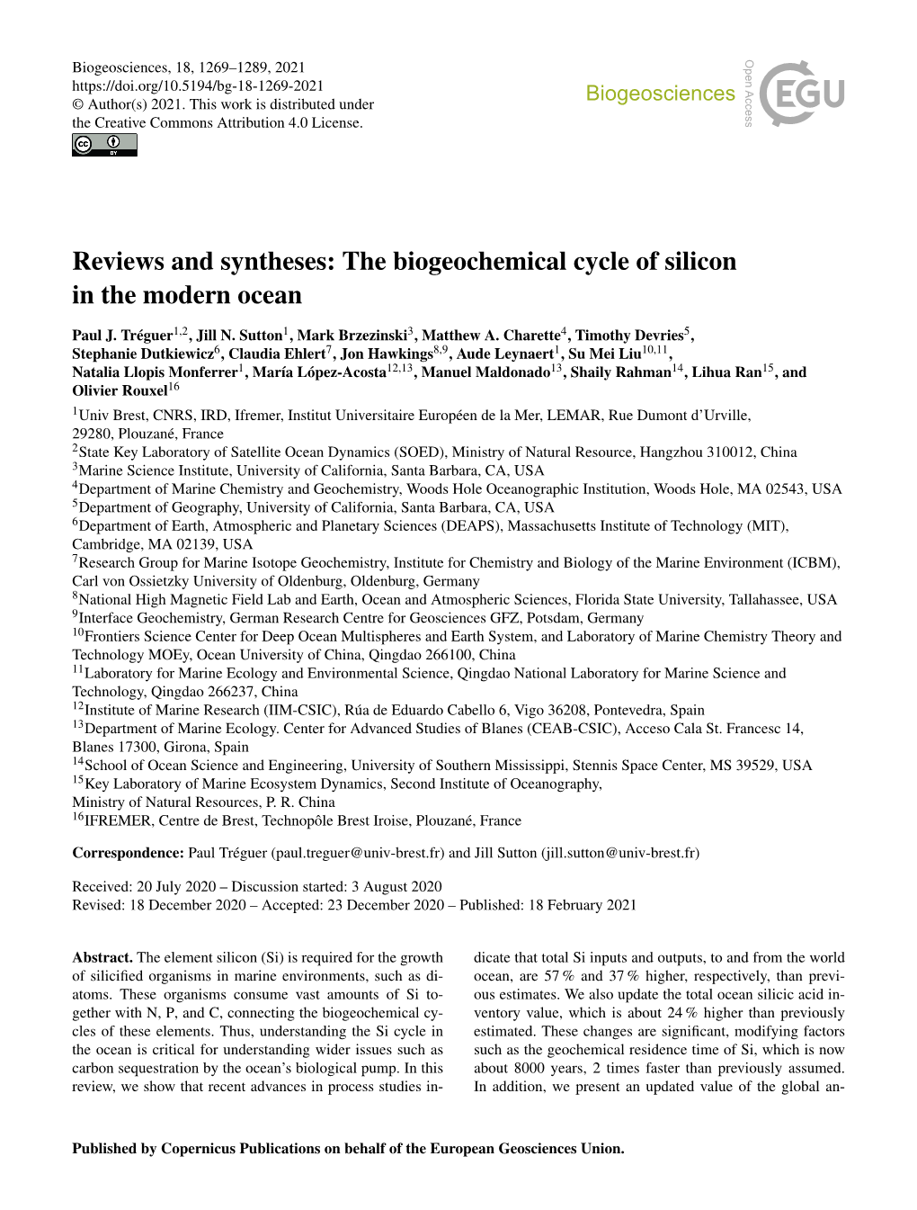The Biogeochemical Cycle of Silicon in the Modern Ocean