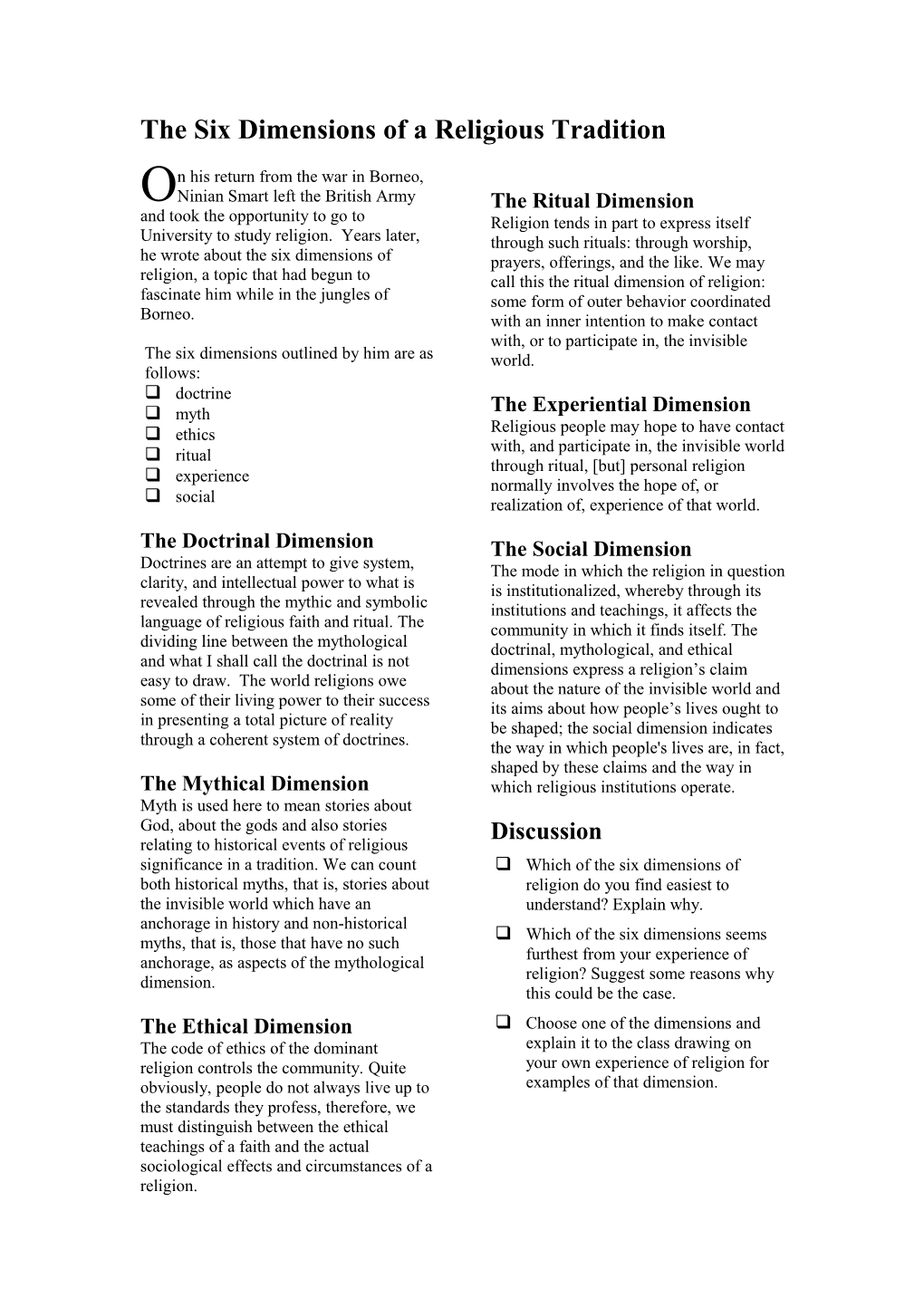 The Six Dimensions of a Religious Tradition