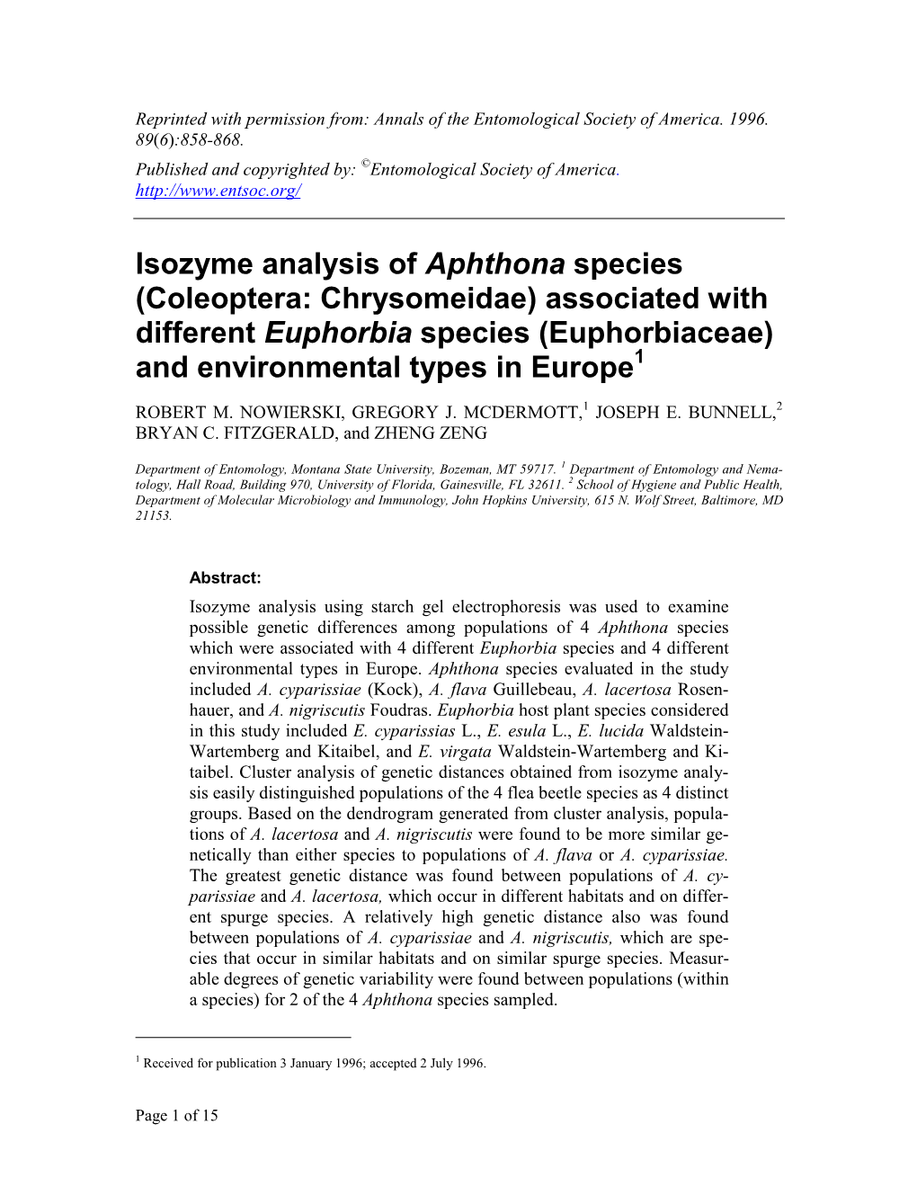 Isozyme Analysis of Aphthona Species (Coleoptera: Chrysomeidae) Associated with Different Euphorbia Species (Euphorbiaceae) and Environmental Types in Europe1