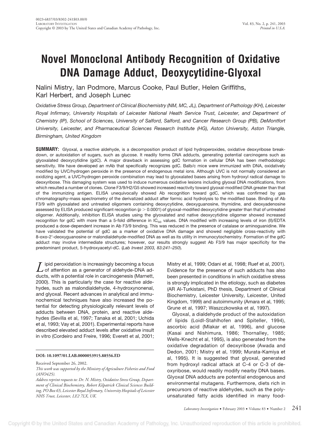 Novel Monoclonal Antibody Recognition of Oxidative DNA