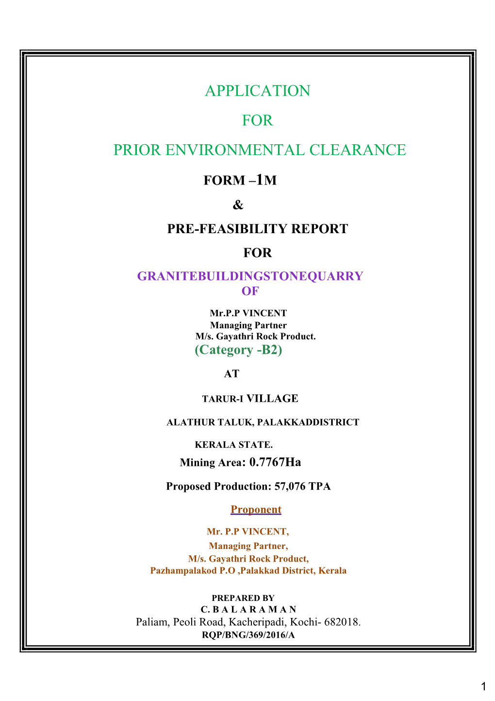 Application for Prior Environmental Clearance