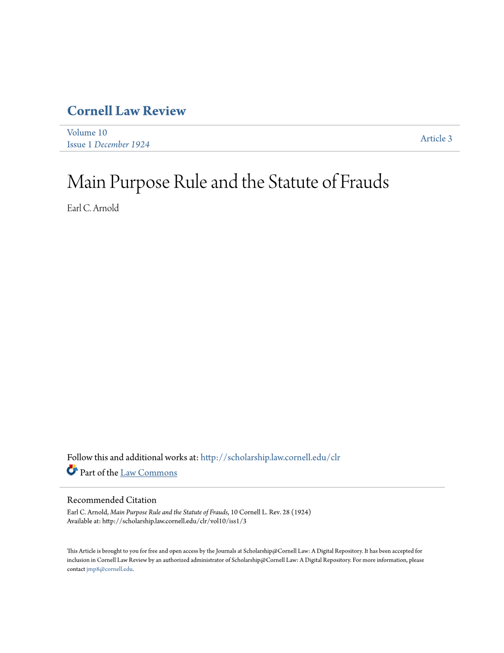 Main Purpose Rule and the Statute of Frauds Earl C