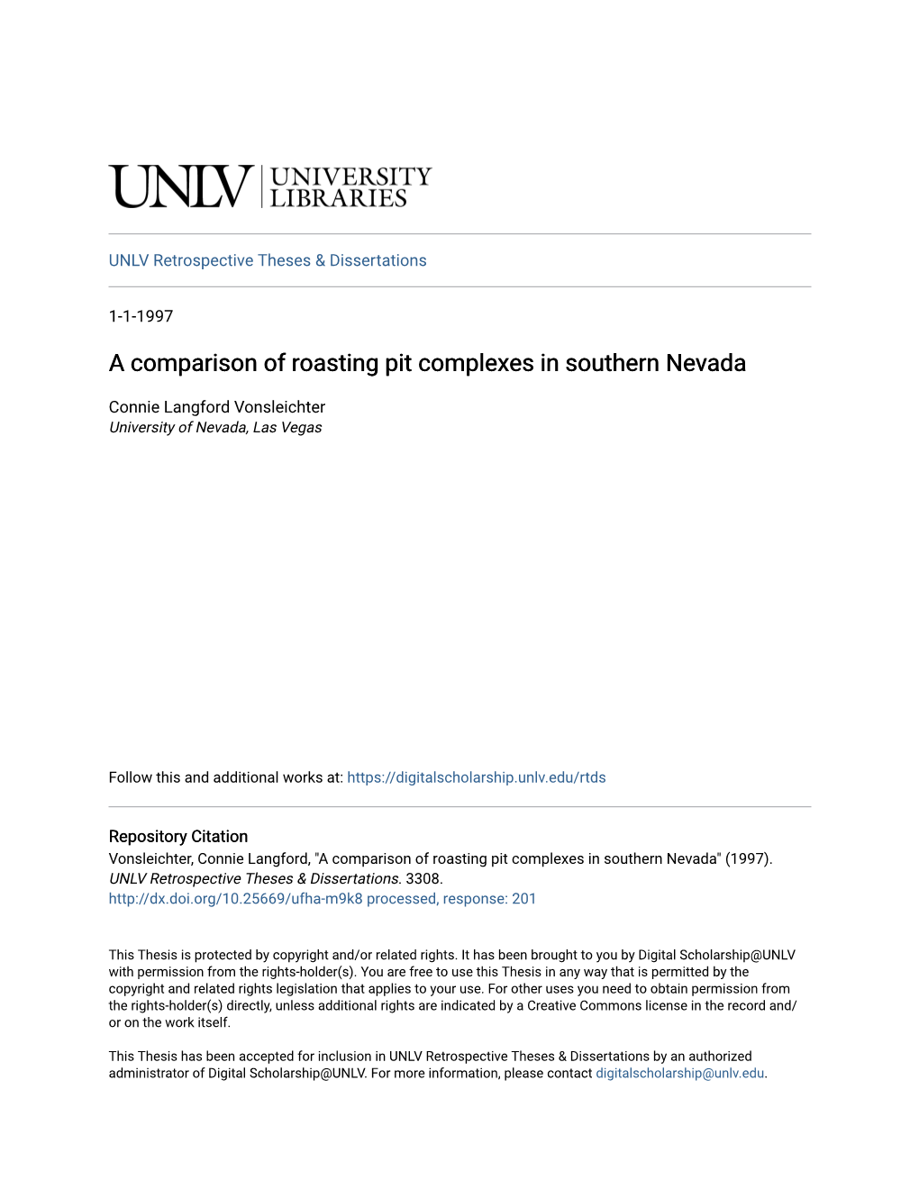 A Comparison of Roasting Pit Complexes in Southern Nevada