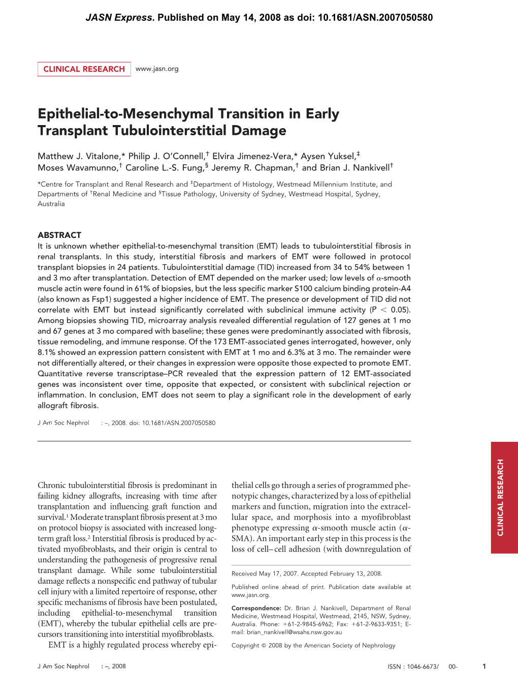 Epithelial-To-Mesenchymal Transition in Early Transplant Tubulointerstitial Damage