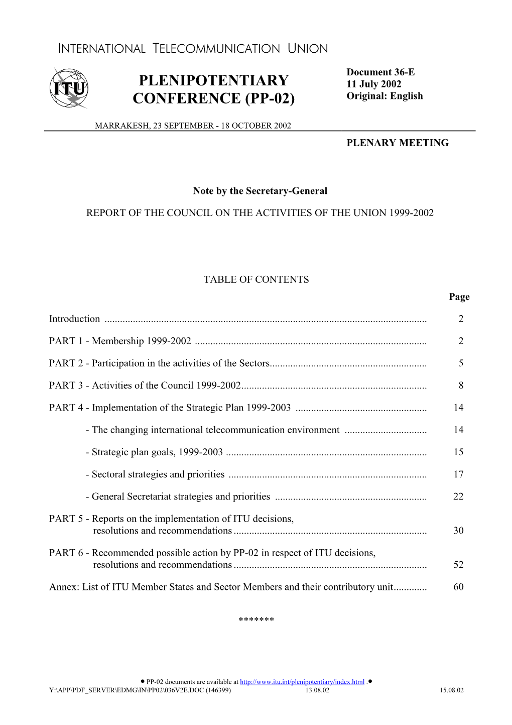 Report of the Council on the Activities of the Union 1999-2002