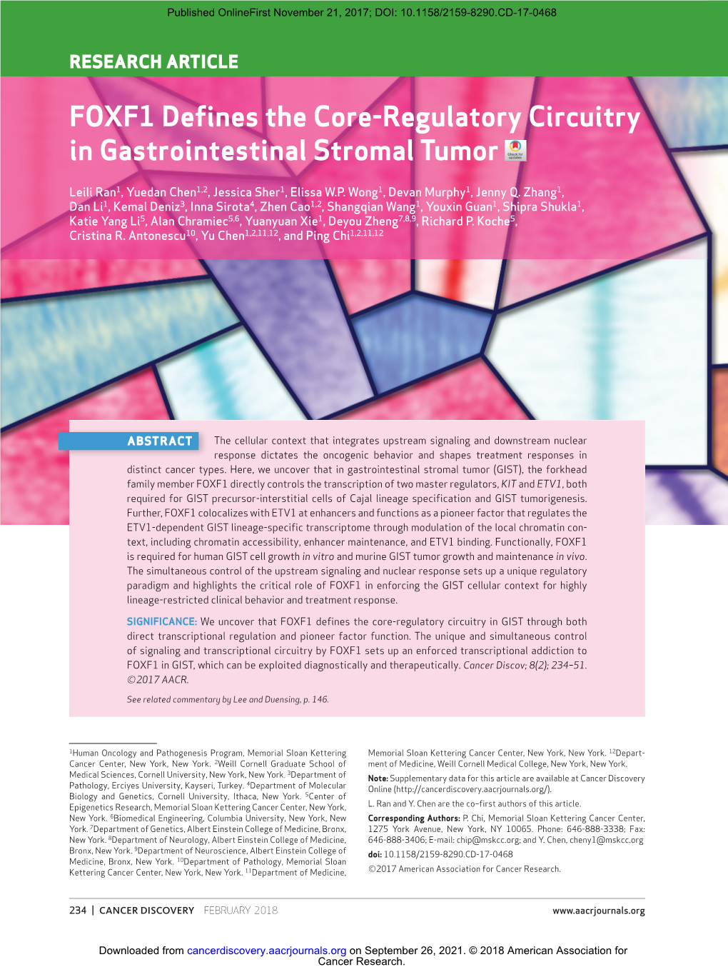 FOXF1 Defines the Core-Regulatory Circuitry in Gastrointestinal Stromal Tumor