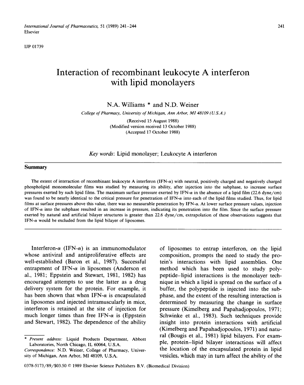 Interaction of Recombinant Leukocyte a Interferon with Lipid Monolayers