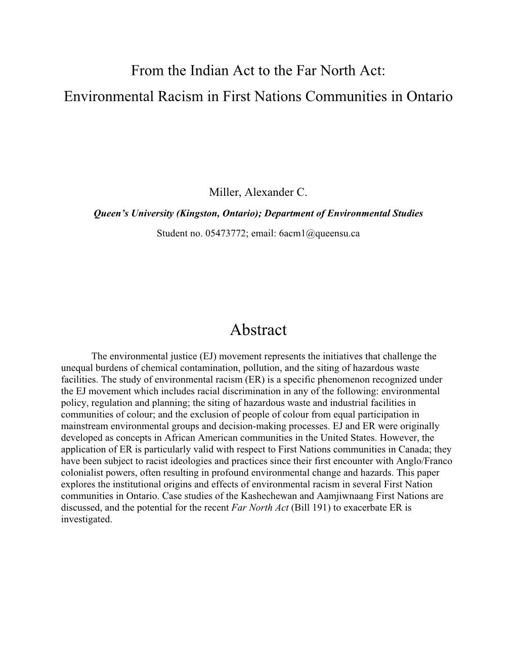 Environmental Racism in First Nations Communities in Ontario