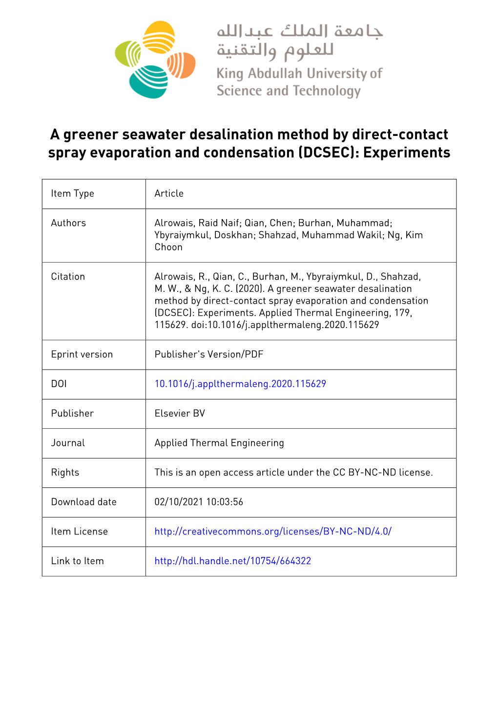 A Greener Seawater Desalination Method by Direct-Contact Spray Evaporation and Condensation (DCSEC): Experiments