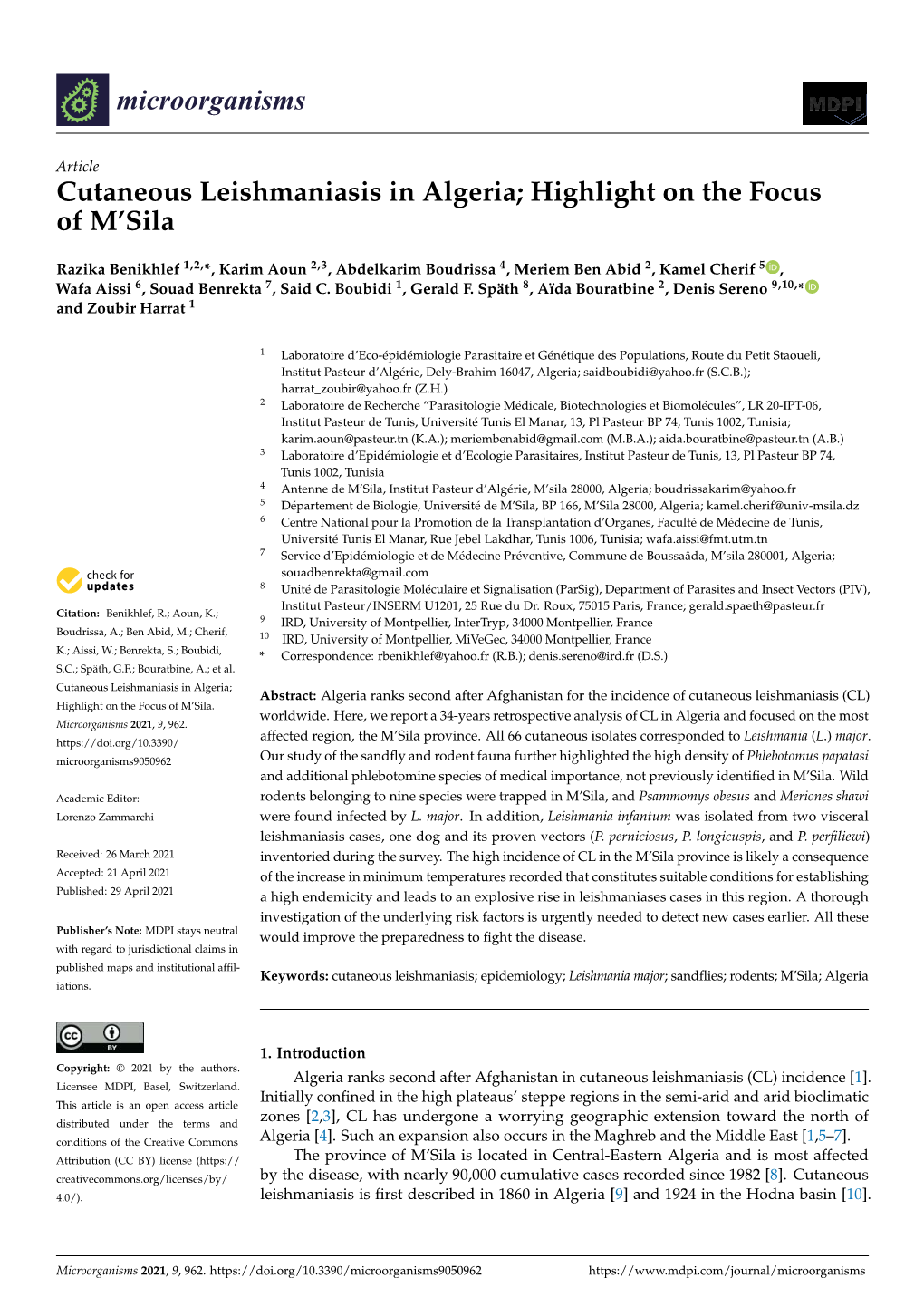 Cutaneous Leishmaniasis in Algeria ; Highlight on the Focus of M'sila