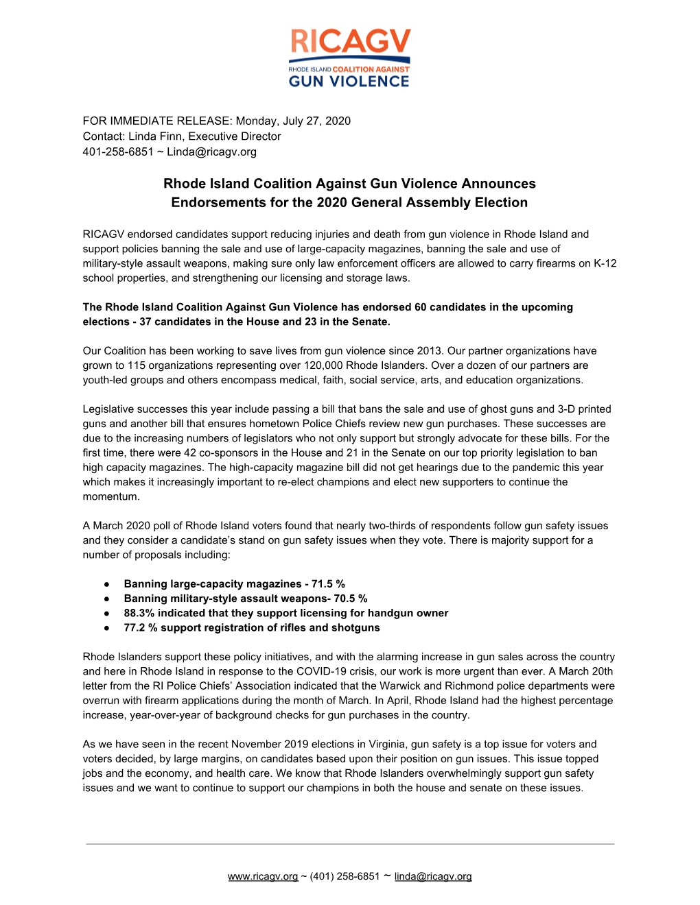 Rhode Island Coalition Against Gun Violence Announces Endorsements for the 2020 General Assembly Election