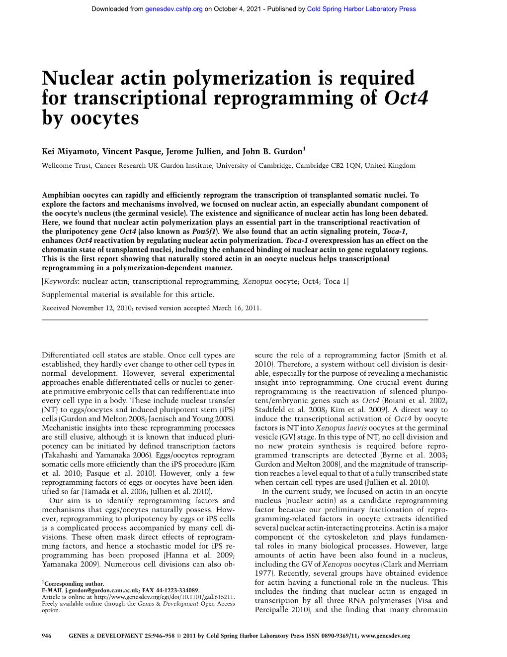 Nuclear Actin Polymerization Is Required for Transcriptional Reprogramming of Oct4 by Oocytes