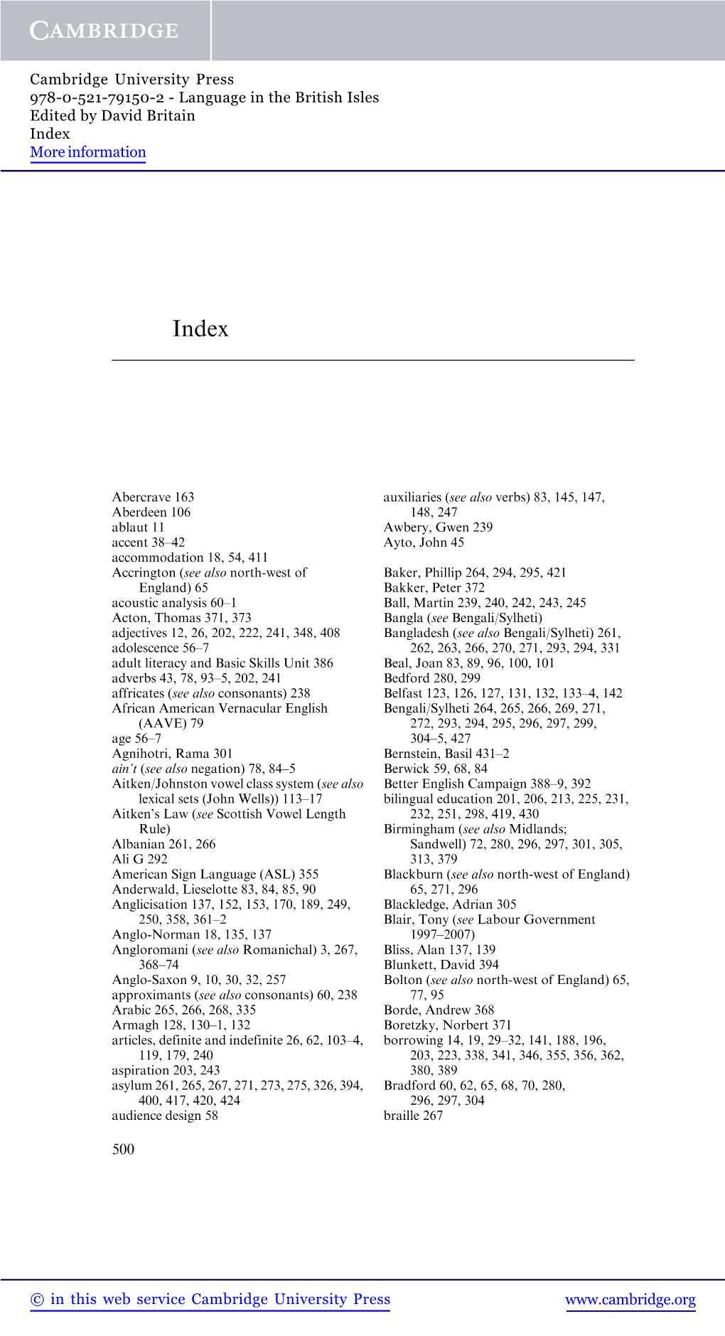 Language in the British Isles Edited by David Britain Index More Information