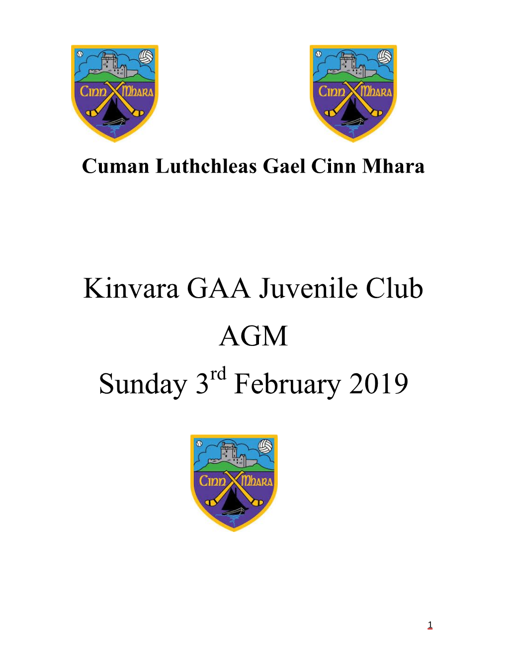 Kinvara GAA Juvenile Club AGM Sunday 3 February 2019