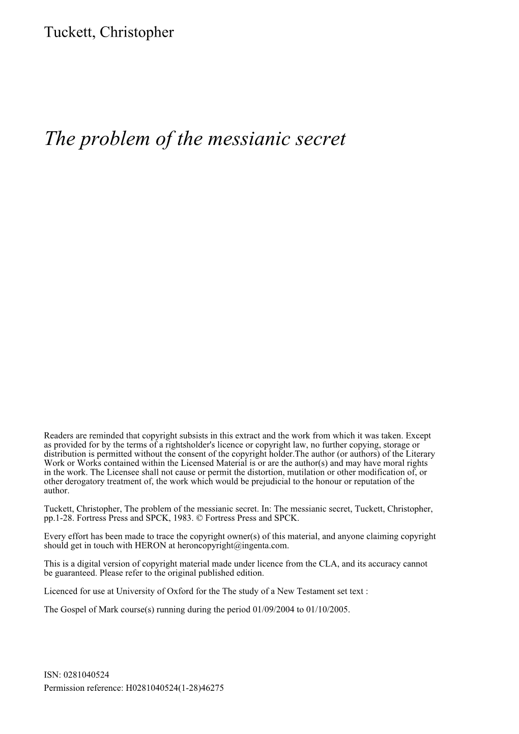 The Problem of the Messianic Secret