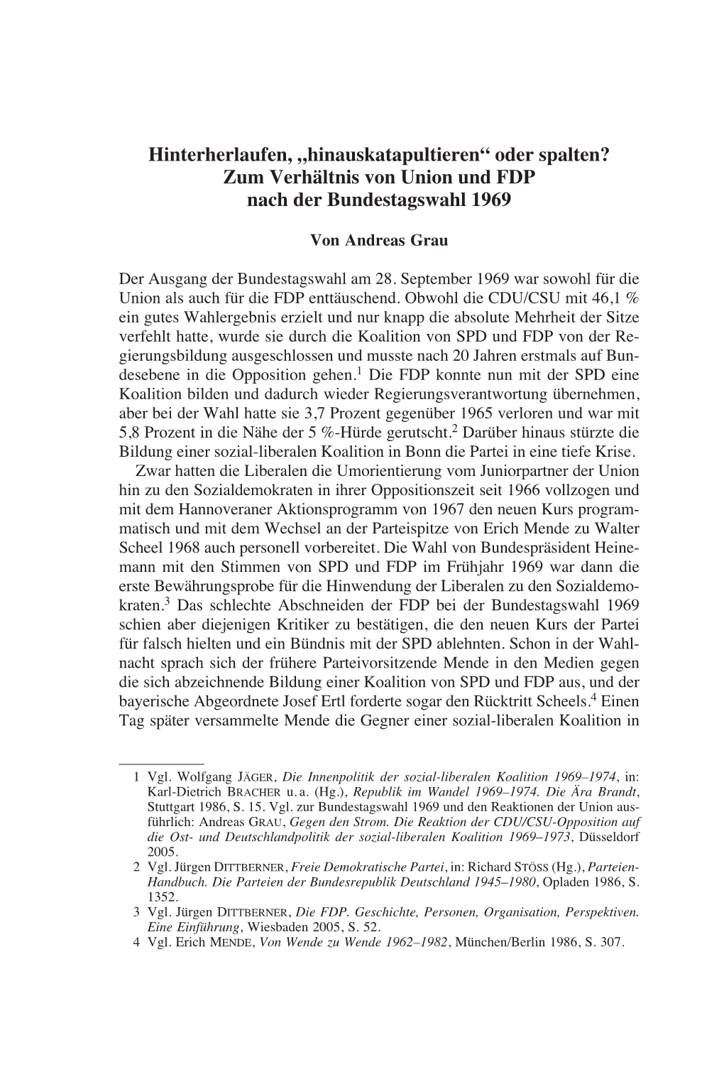 Zum Verhältnis Von Union Und FDP Nach Der Bundestagswahl 1969