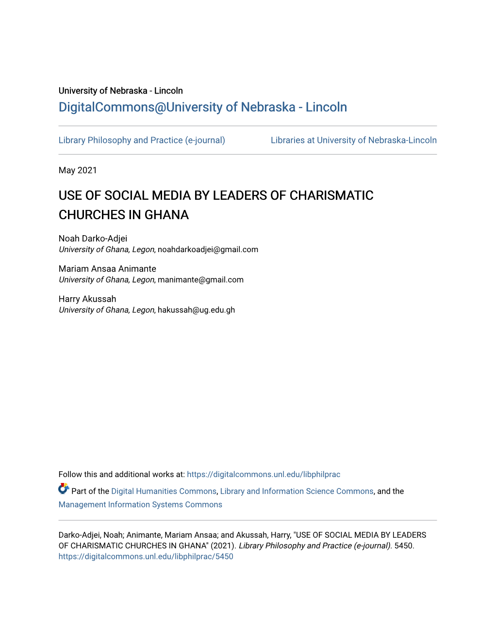 Use of Social Media by Leaders of Charismatic Churches in Ghana