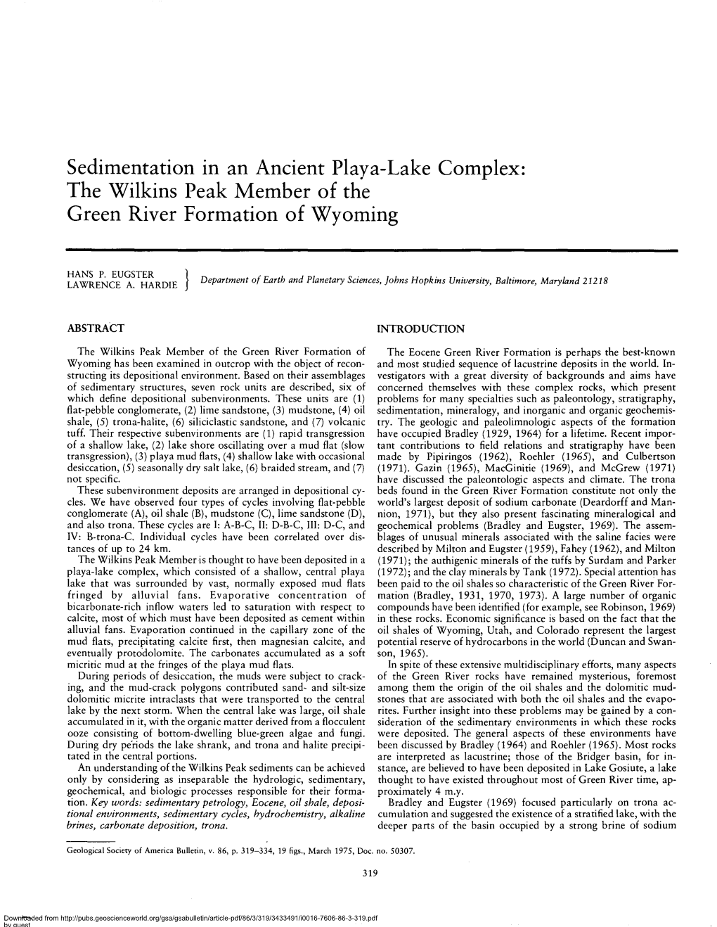 Sedimentation in an Ancient Playa-Lake Complex: the Wilkins Peak Member of the Green River Formation of Wyoming