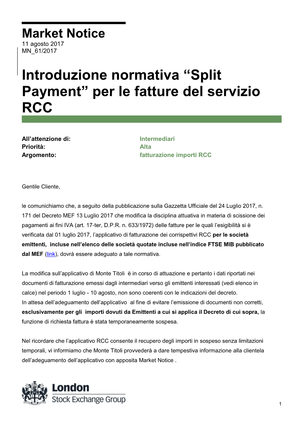 Introduzione Normativa “Split Payment” Per Le Fatture Del Servizio RCC