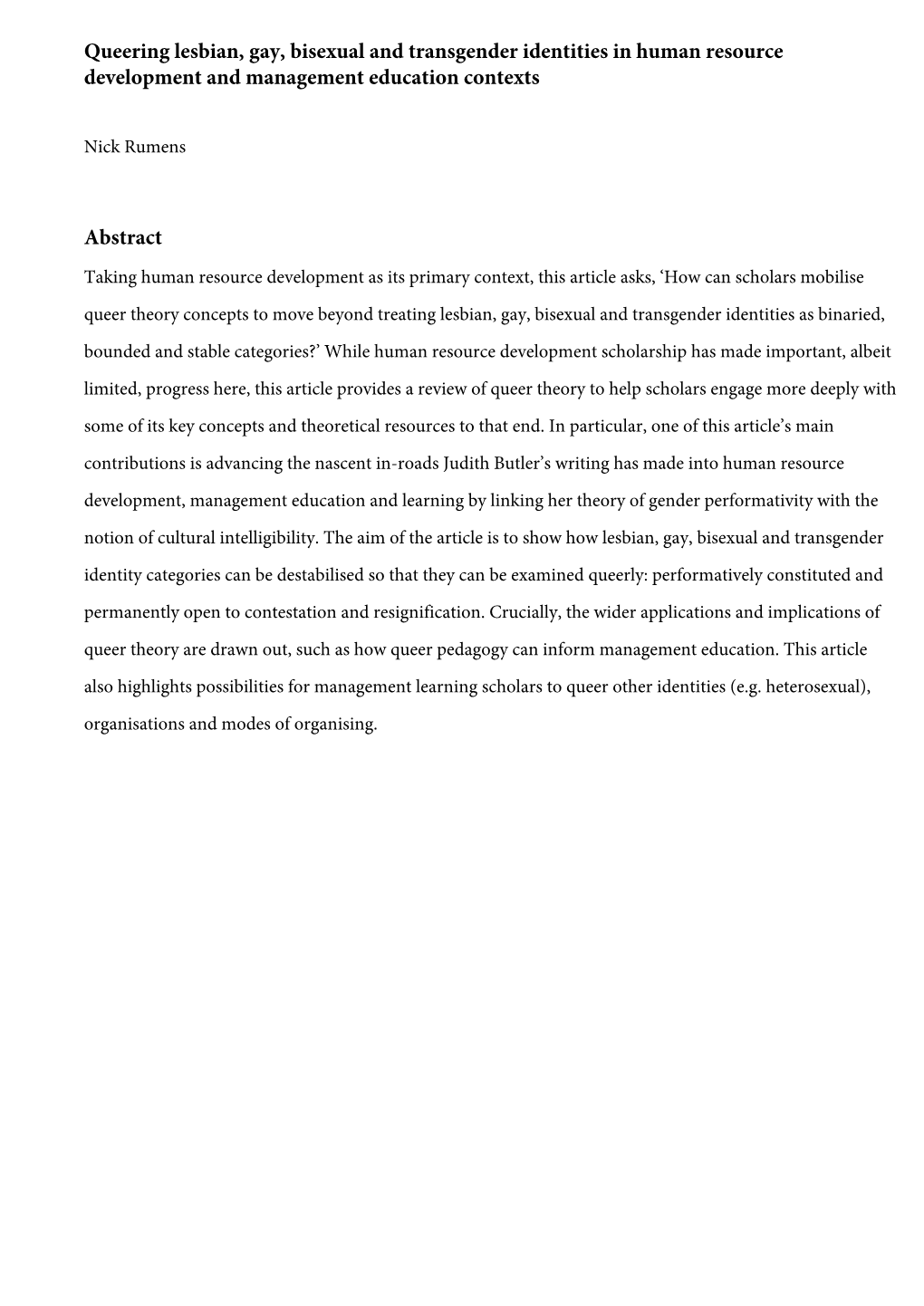 Queering Lesbian, Gay, Bisexual and Transgender Identities in Human Resource Development and Management Education Contexts