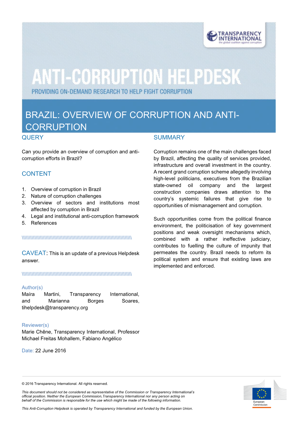 Brazil: Overview of Corruption and Anti- Corruption Query Summary