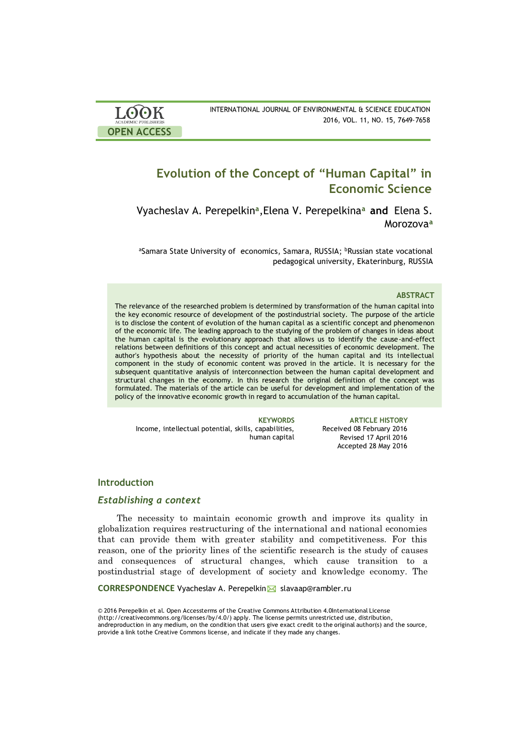 Evolution of the Concept of “Human Capital” in Economic Science Vyacheslav A