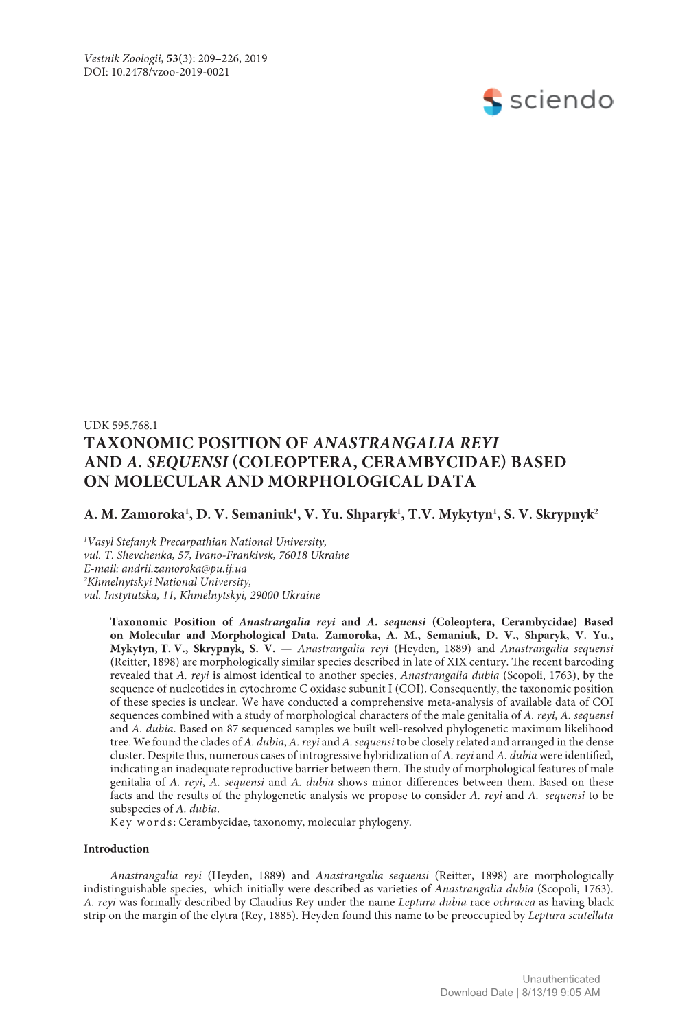 Taxonomic Position of Anastrangalia Reyi and A