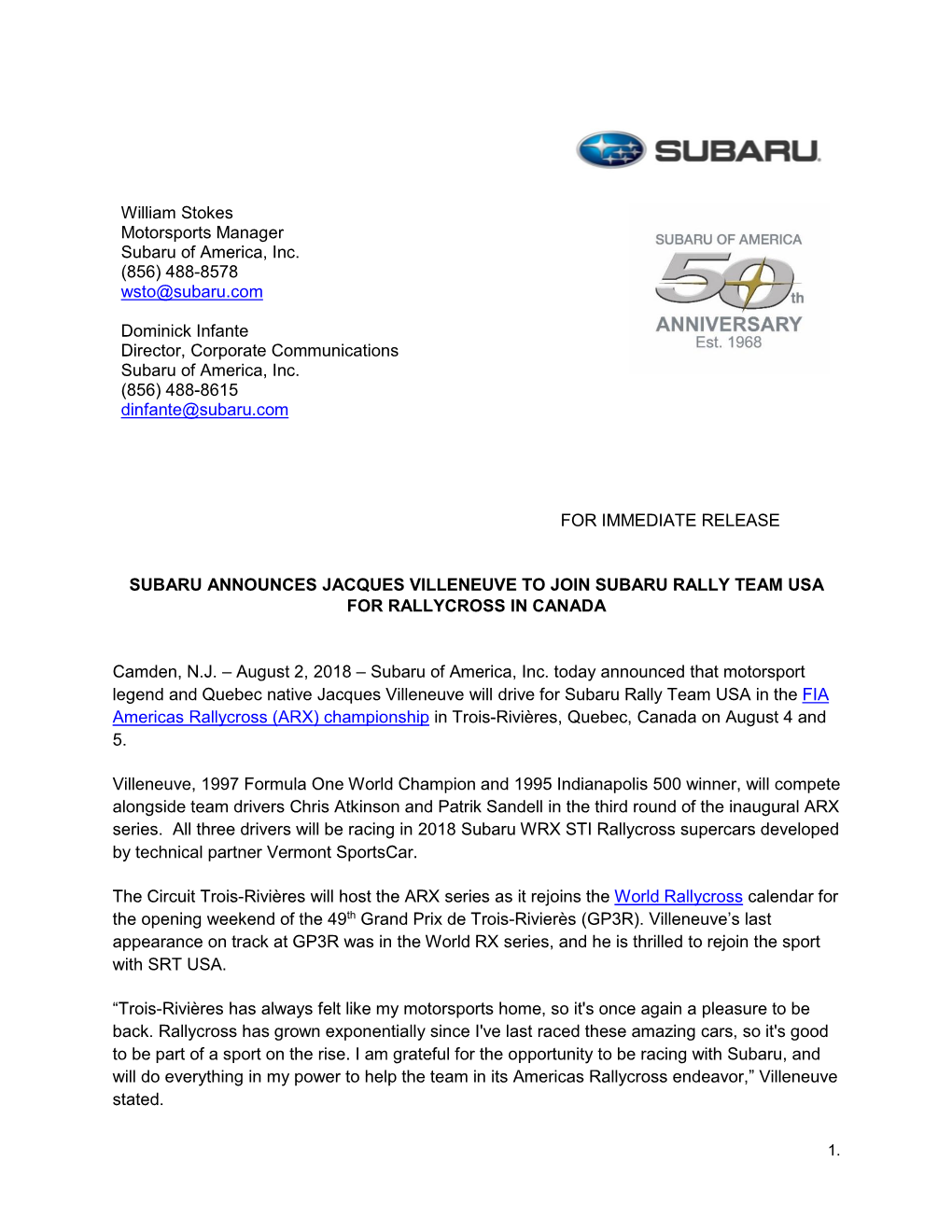 William Stokes Motorsports Manager Subaru of America, Inc. (856) 488-8578 Wsto@Subaru.Com