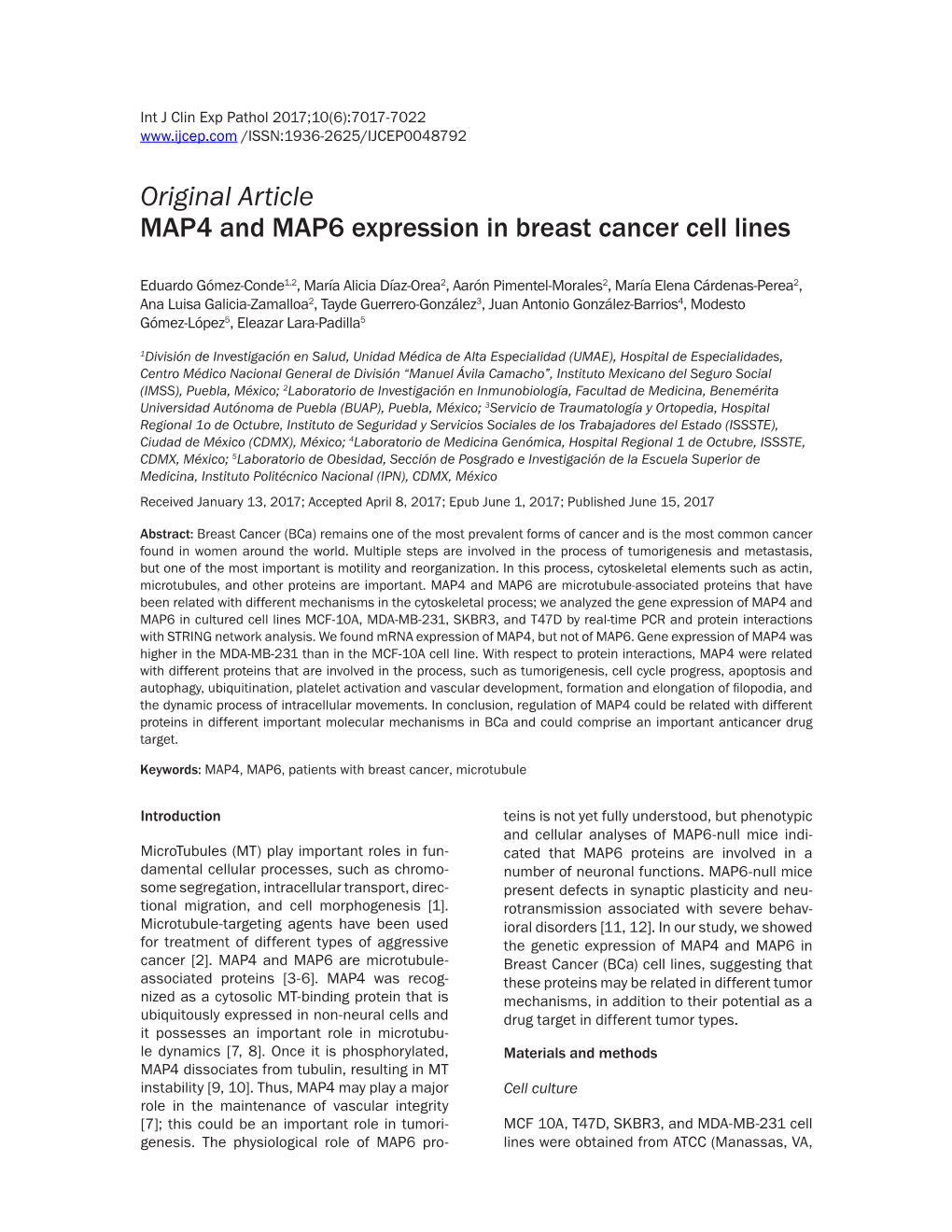 Original Article MAP4 and MAP6 Expression in Breast Cancer Cell Lines