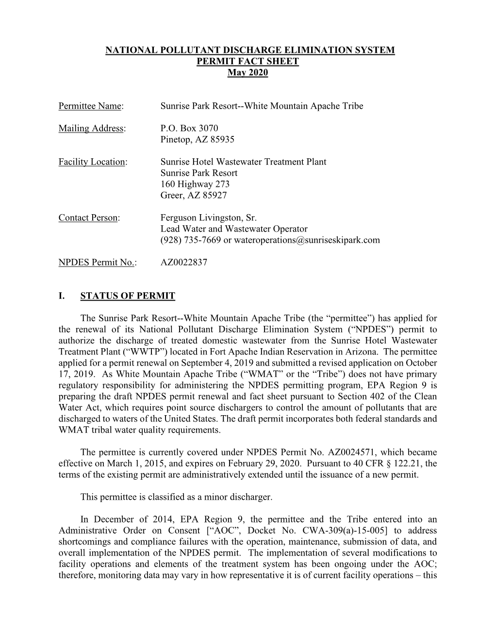 NPDES Permit Fact Sheet: Sunrise Hotel Wastewater Treatment Plant