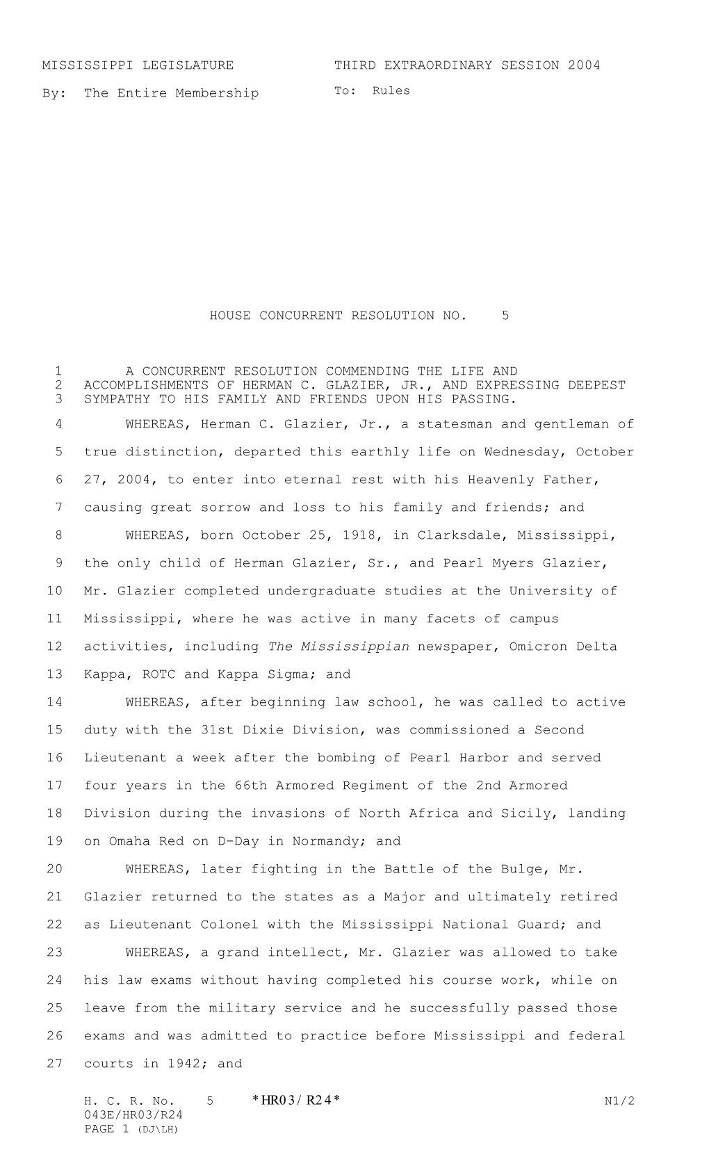 *Hr03/R24* Mississippi Legislature Third