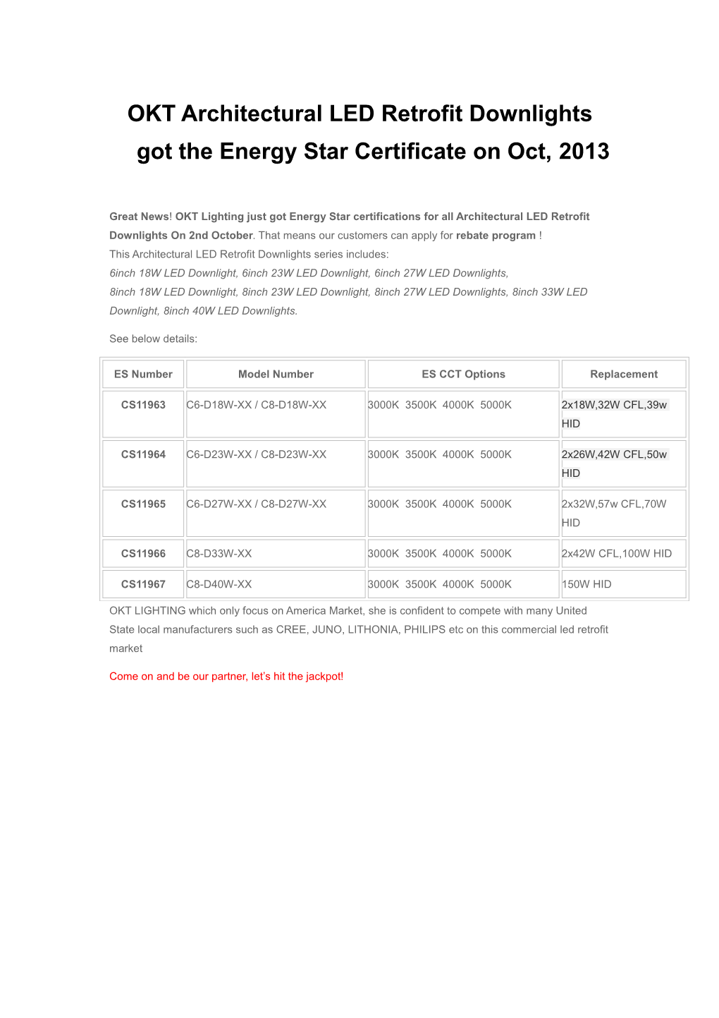 OKT Architectural LED Retrofit Downlights Got the Energy Star Certificate on Oct, 2013