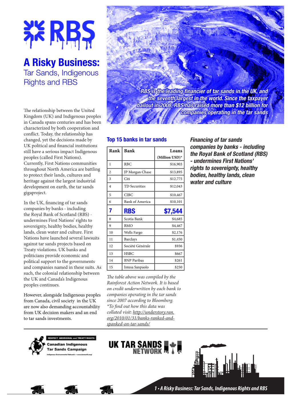 Tar Sands, Indigenous Rights and RBS RBS Is the Leading Financier of Tar Sands in the UK, and the Seventh Largest in the World