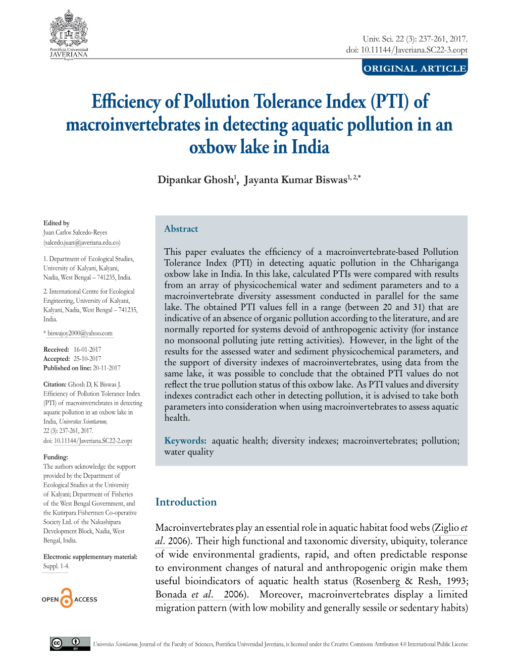 Efficiency of Pollution Tolerance Index (PTI) of Macroinvertebrates in Detecting Aquatic Pollution in an Oxbow Lake in India