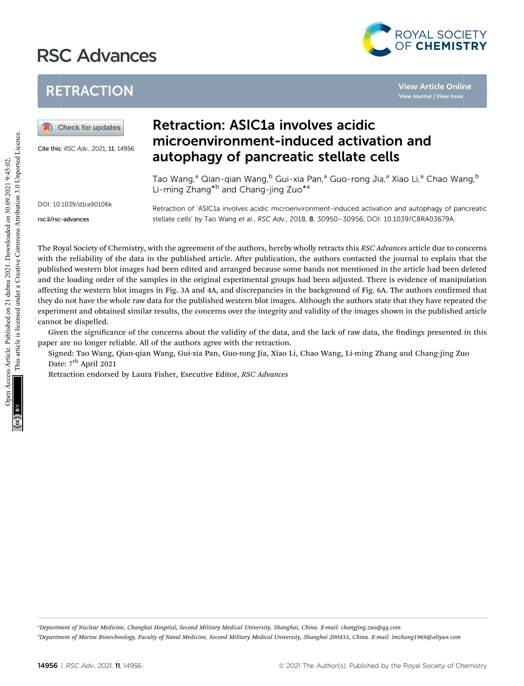 Asic1a Involves Acidic Microenvironment-Induced Activation and Cite This: RSC Adv.,2021,11, 14956 Autophagy of Pancreatic Stellate Cells