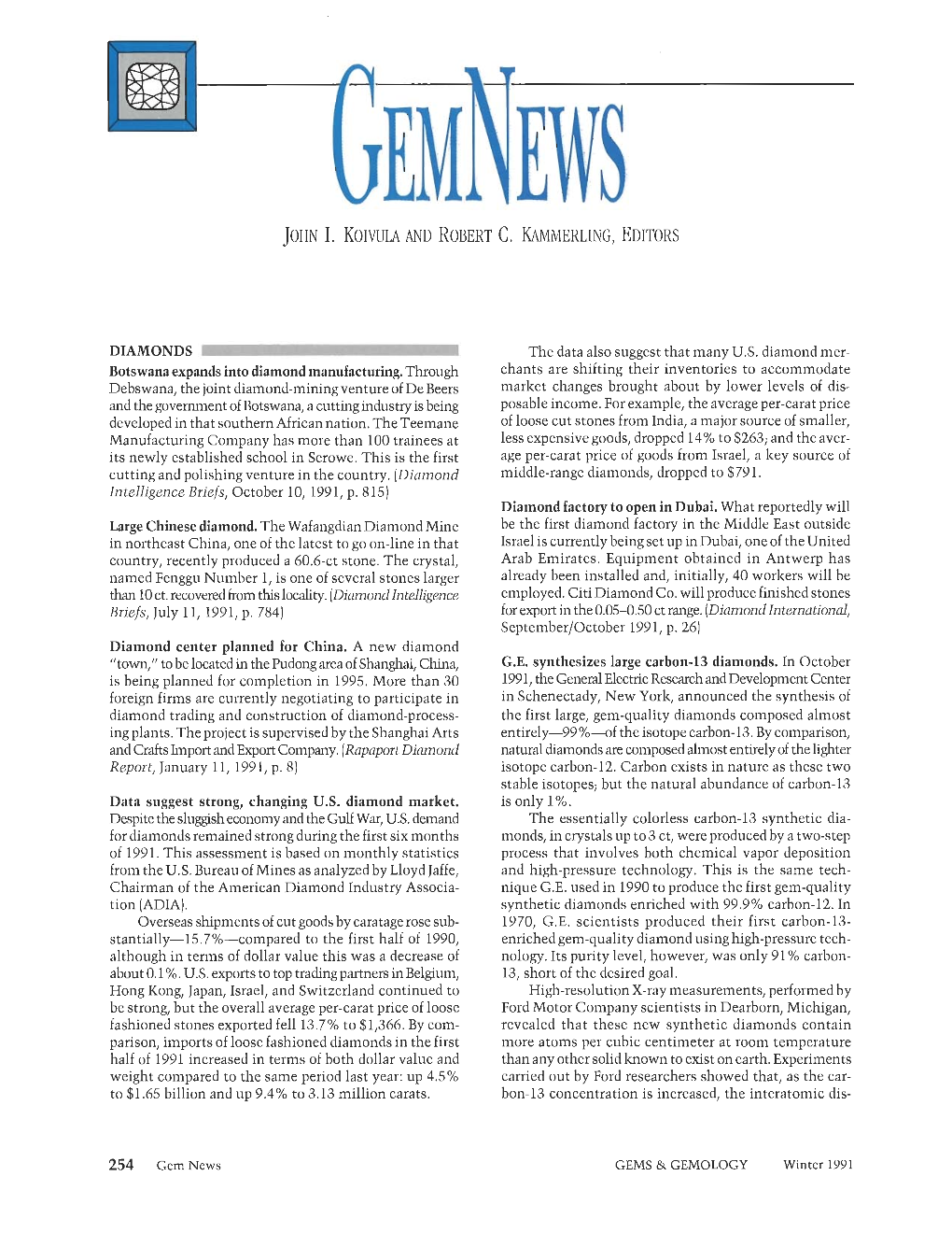 Winter 1991 Gems & Gemology Gem News