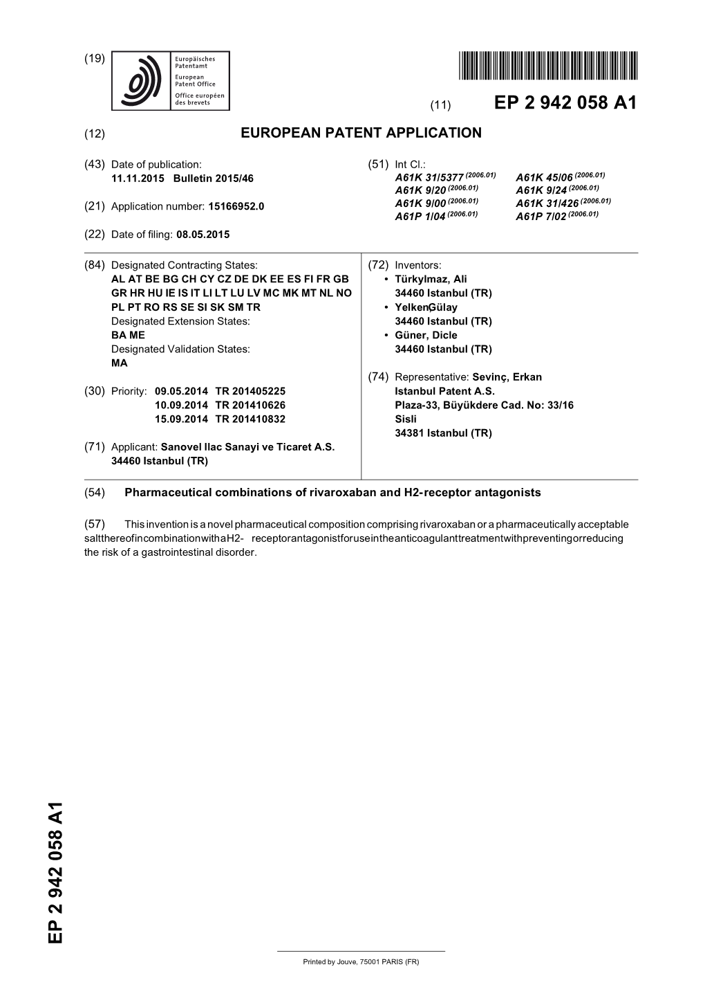 Pharmaceutical Combinations of Rivaroxaban and H2-Receptor Antagonists