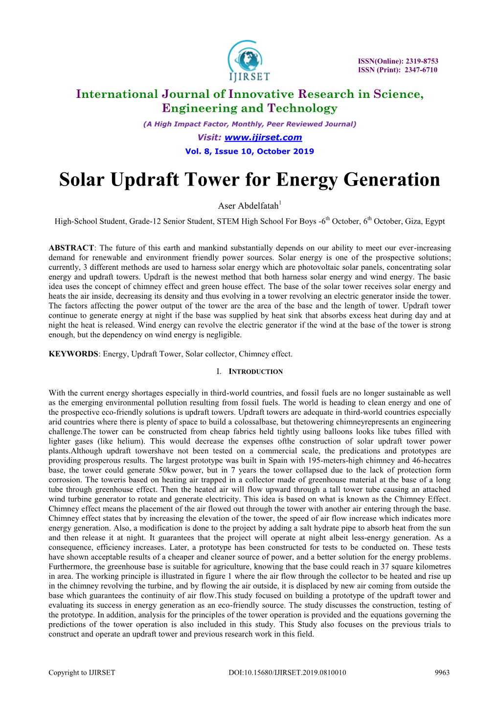 Solar Updraft Tower for Energy Generation