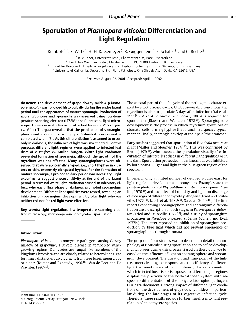 Sporulation of Plasmopara Viticola: Differentiation and Light Regulation