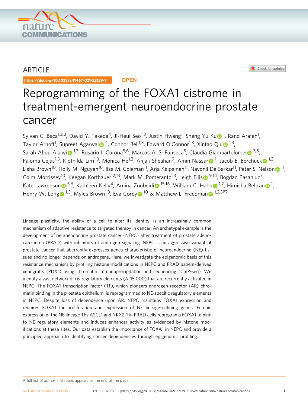 Reprogramming of the FOXA1 Cistrome in Treatment-Emergent Neuroendocrine Prostate Cancer