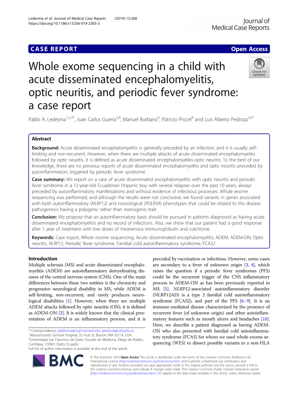 Whole Exome Sequencing in a Child with Acute Disseminated Encephalomyelitis, Optic Neuritis, and Periodic Fever Syndrome: a Case Report Pablo A