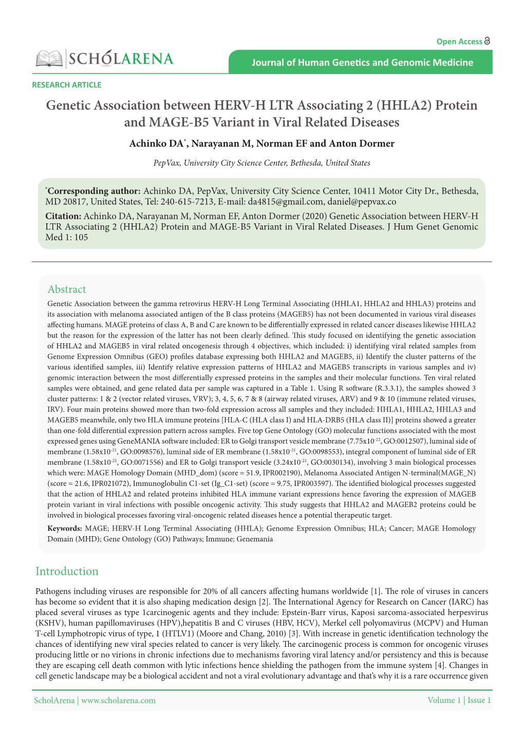 (HHLA2) Protein and MAGE-B5 Variant in Viral Related Diseases Achinko DA*, Narayanan M, Norman EF and Anton Dormer