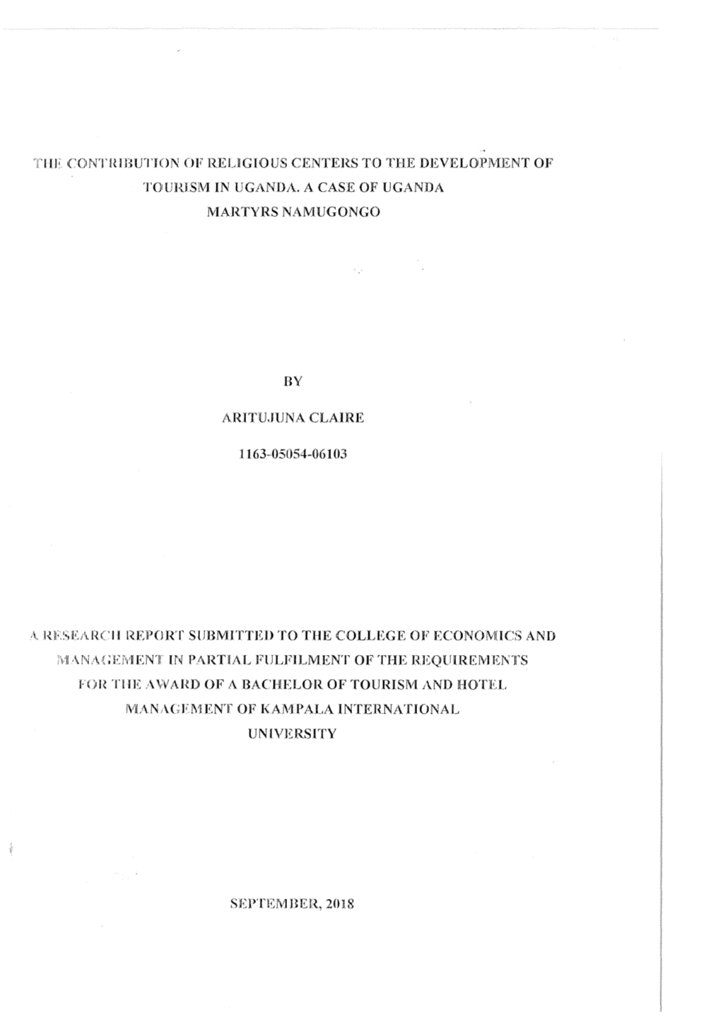Lle CONTRIBUTION of RELIGIOUS CENTERS to the DEVELOPMENT of TOURISM in UGANDA. a CASE of UGANDA MARTYRSNAMUGONGO ARITU.Jljna