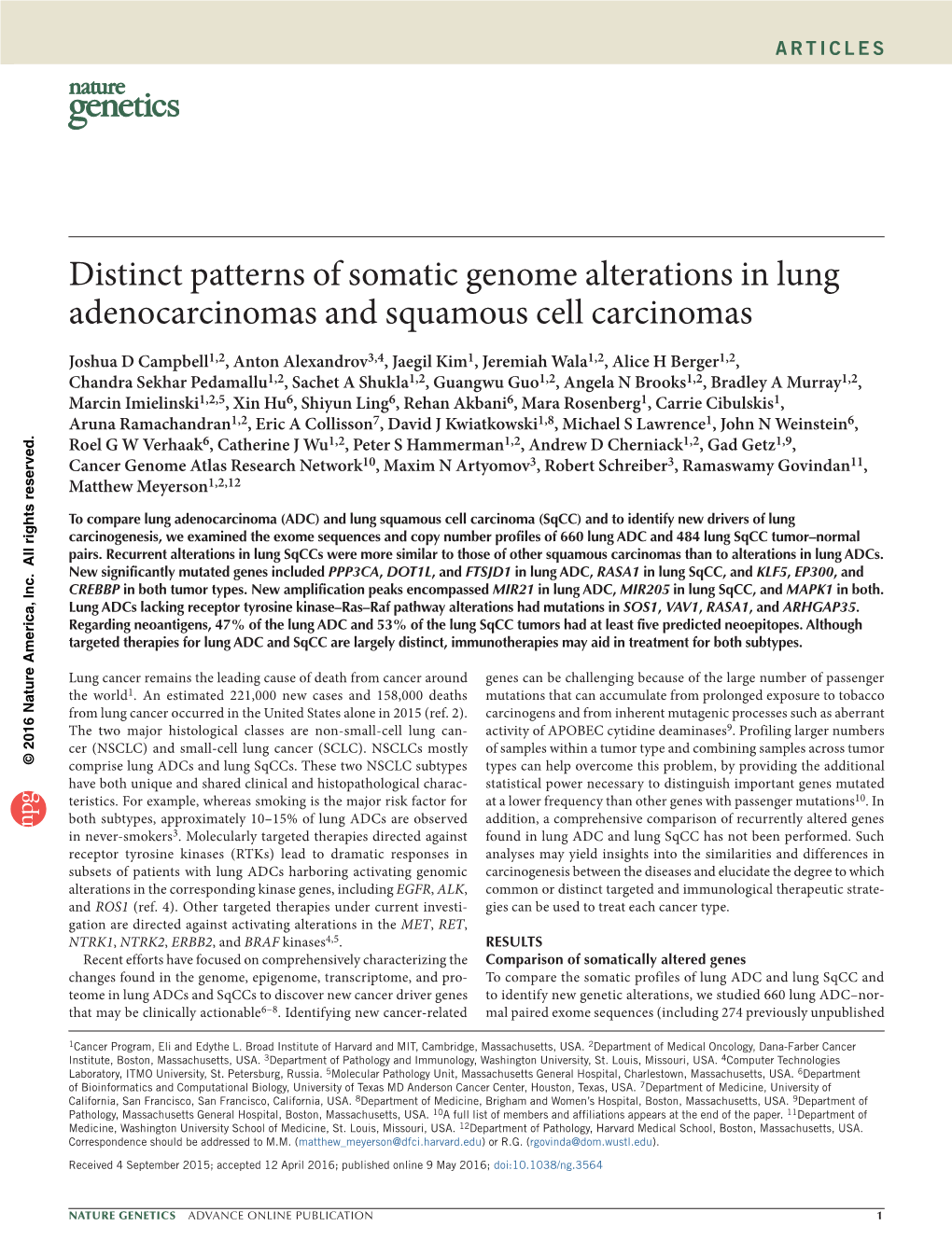 Distinct Patterns of Somatic Genome Alterations in Lung